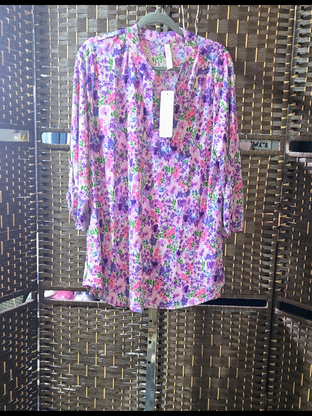 Women's Pink & Purple Floral Tunic Top - Lightweight V-Neck